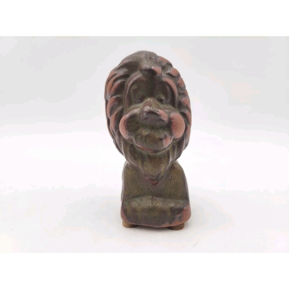 Vintage Small MCM Redware‎ Clay Lion Figurine Green Brown Stylized Unique